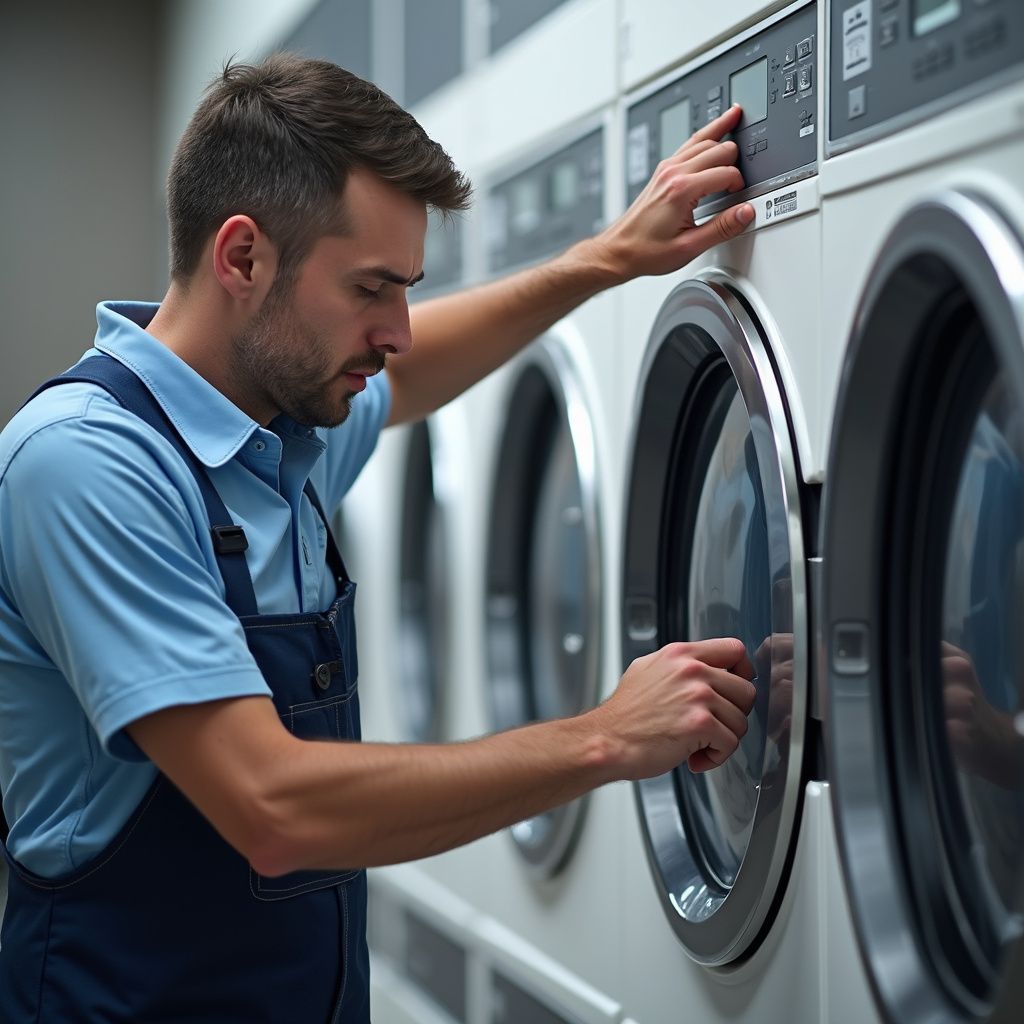 Man in blue uniform operates a washing machine in a laundromat.