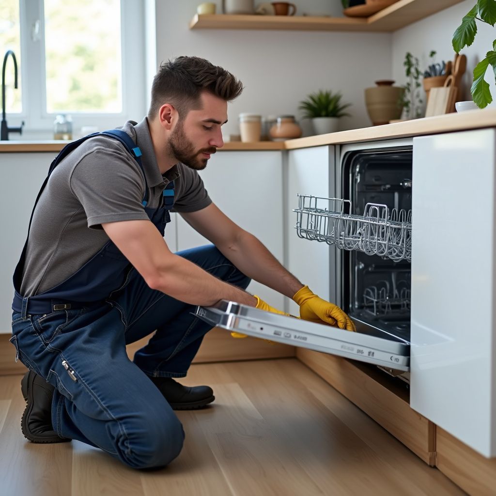 A man in overalls and gloves repairs a dishwasher in a modern kitchen.