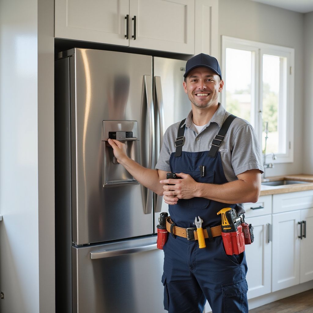 Smiling repairman in overalls by a stainless steel refrigerator in a kitchen, pointing at water dispenser.