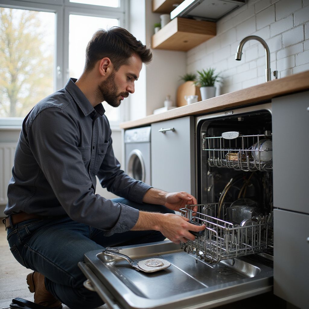 Man kneeling, loading a dishwasher in a modern kitchen.