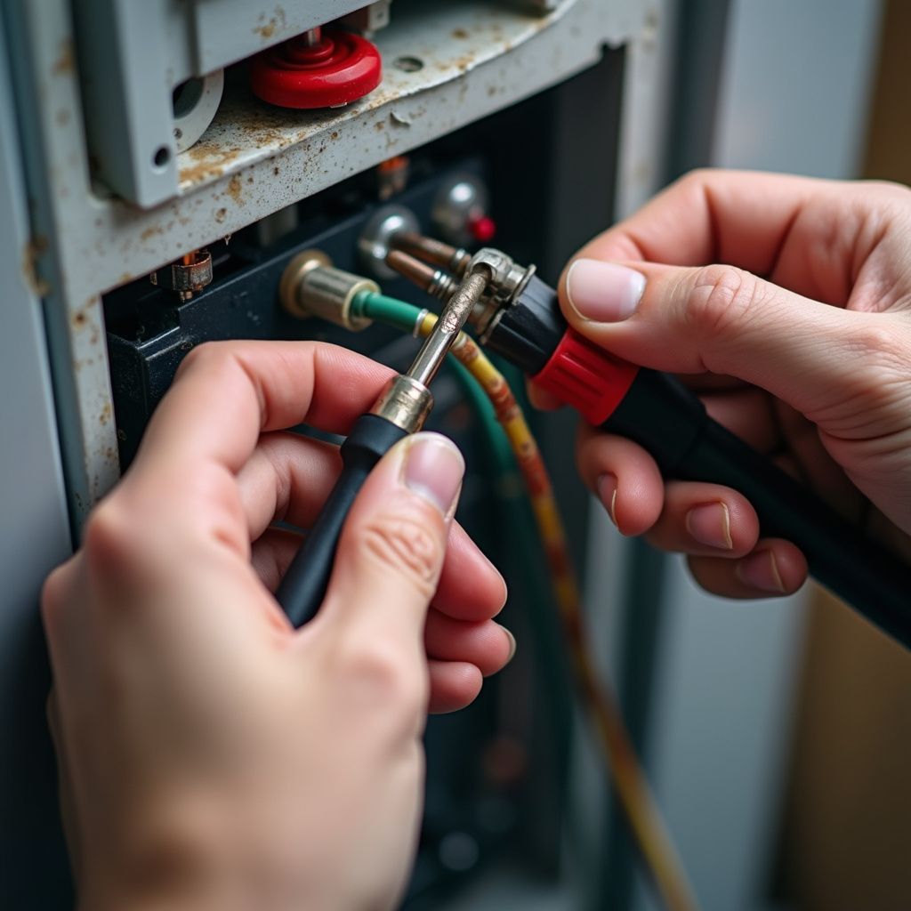 Hands connecting wires inside an electrical panel. Tools held, wires visible.