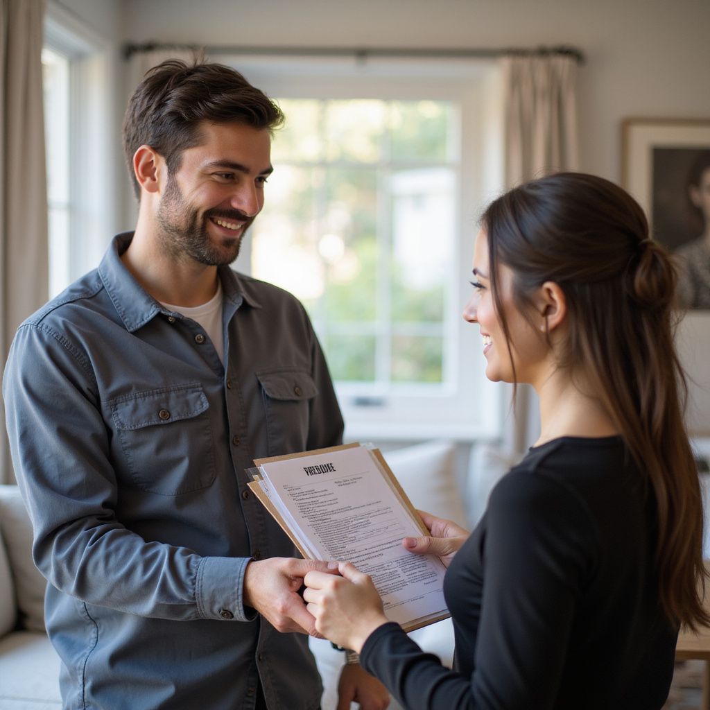 Man and woman in a living room, exchanging a document. Both smiling.