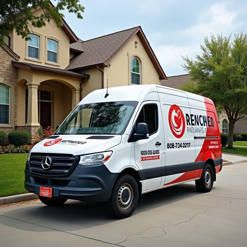 White and red branded service van parked in front of a house. 