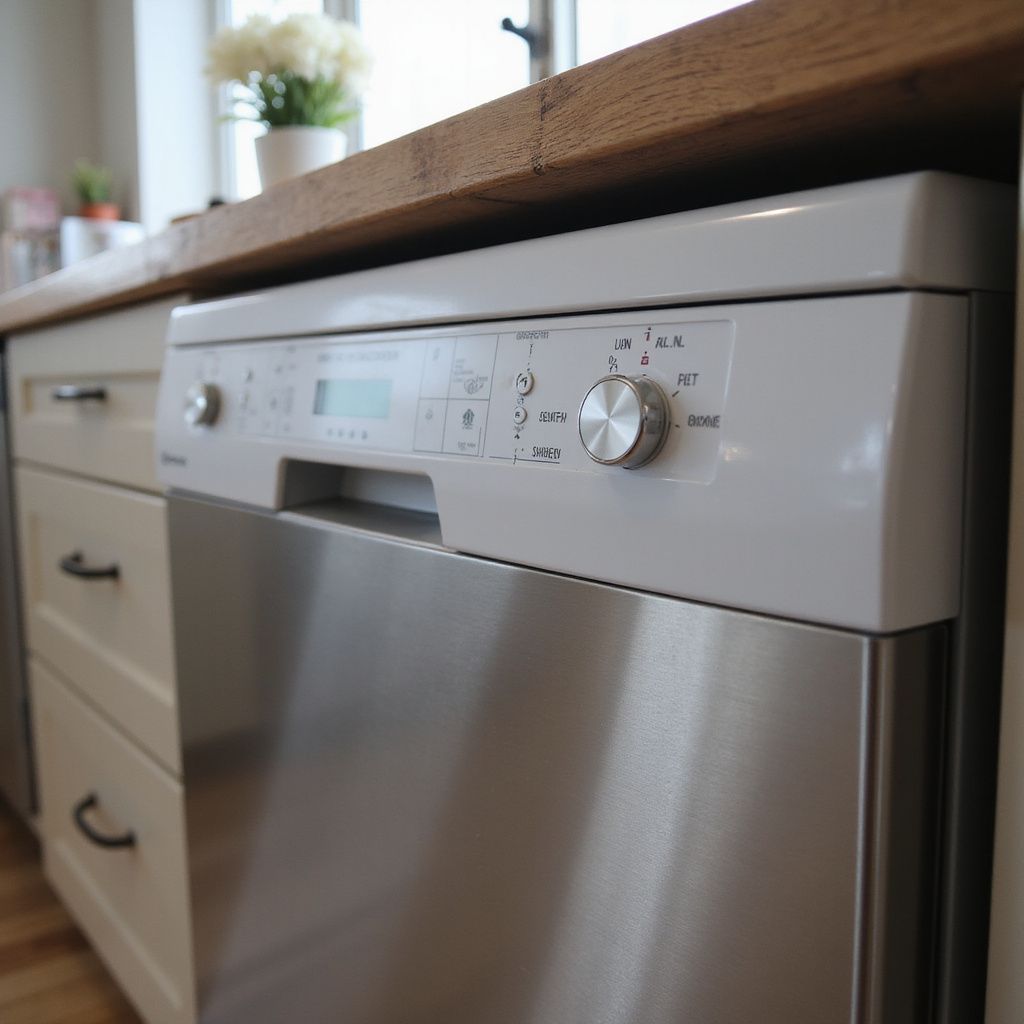 Dishwasher installed in kitchen cabinet with stainless steel door and white control panel, wood countertop.