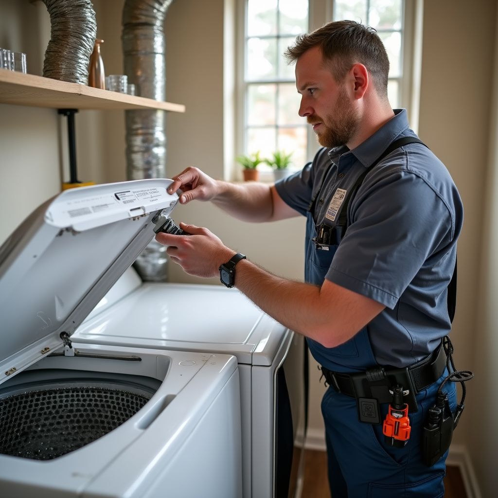 Man in a work uniform repairs a washing machine in a well-lit laundry room.