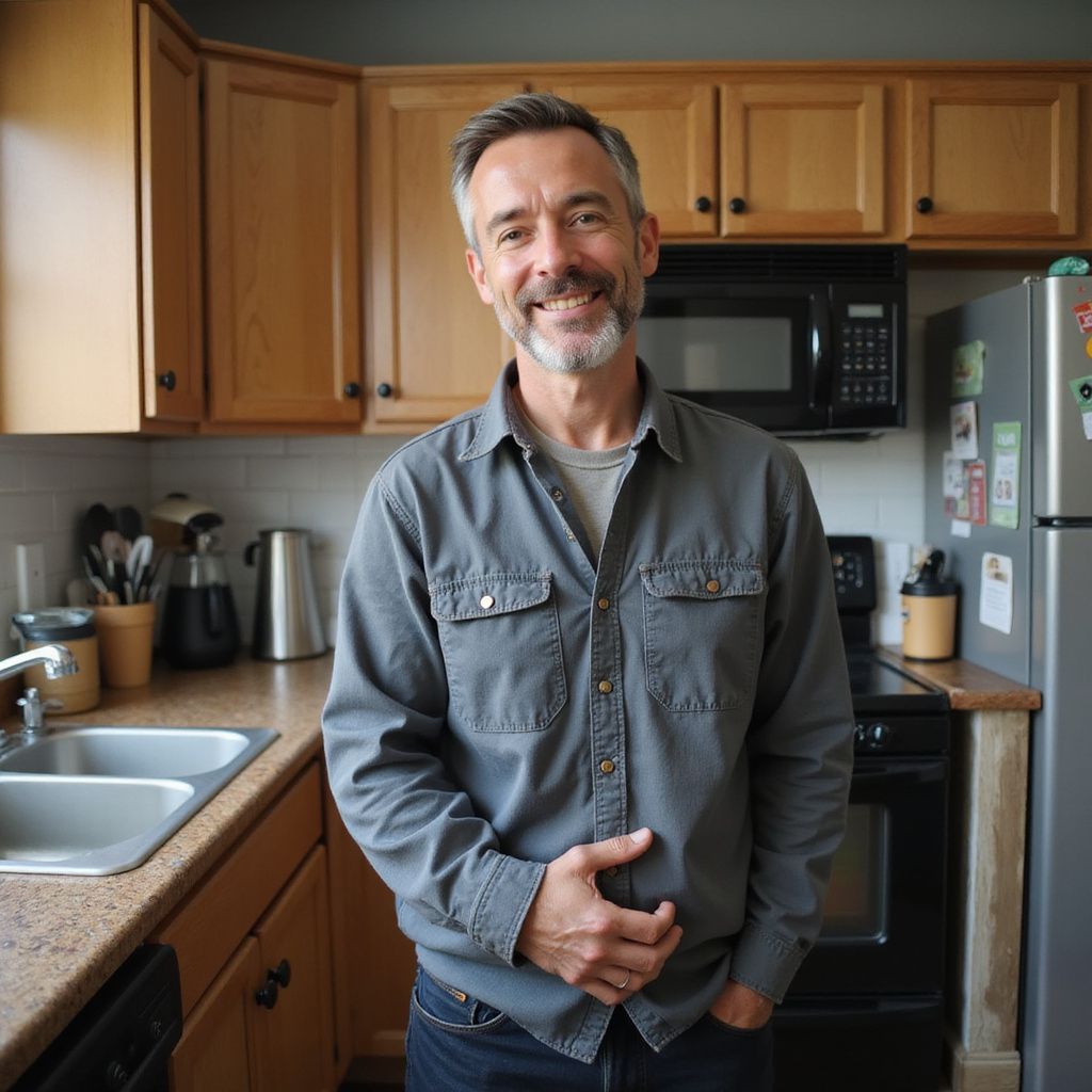 Man in gray shirt smiles in kitchen with wooden cabinets.