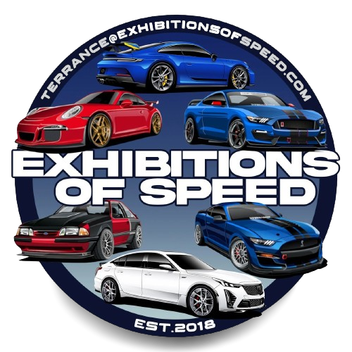 The logo for exhibitions of speed shows a variety of cars