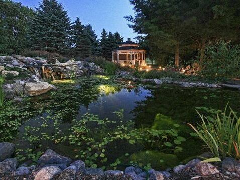 A large pond with a gazebo in the background