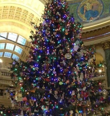 A large christmas tree is sitting in the middle of a building.