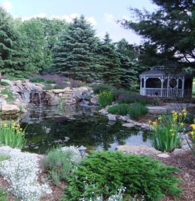 A pond with a gazebo in the background and trees in the background