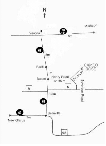 A black and white map showing the location of cameo rose.