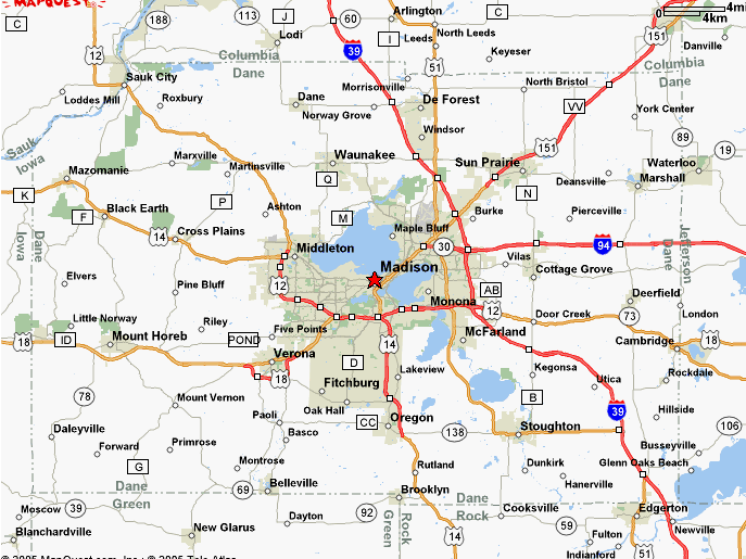 A map showing the location of a city and surrounding areas