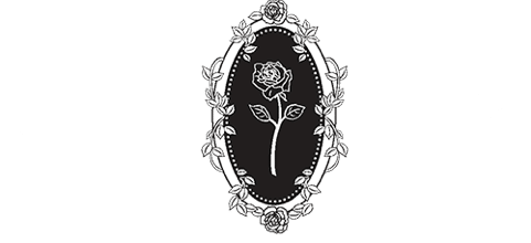 A black and white drawing of a rose in a frame.