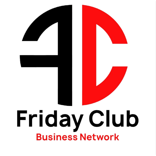 A logo for friday club business network with two people shaking hands