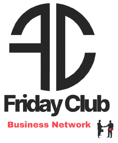 A logo for friday club business network with two people shaking hands