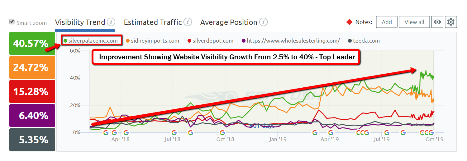 Improvement Showing Website Visibility Growth From 2.5% to 40% - Top Leader