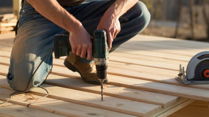 Carpenter kneeling, drilling a screw into wooden planks outdoors, saw nearby.