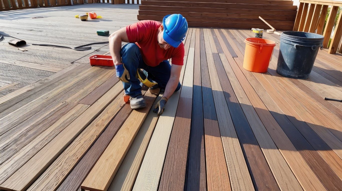 A person in a red shirt and blue hardhat installing wooden deck planks outdoors.