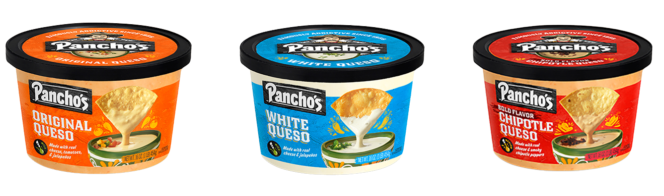 Three flavors of Panchos Queso are shown in three different color containers.