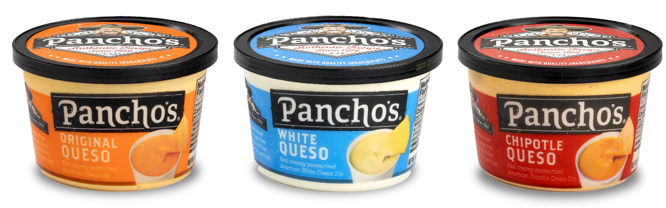 Three flavors of Panchos Queso are shown in three different color containers.