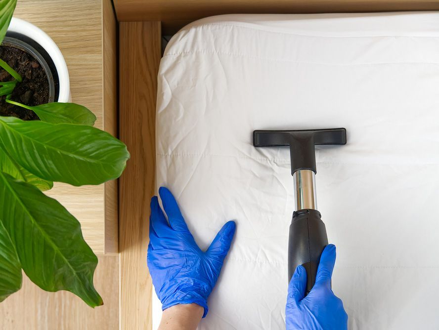 A Person Wearing Blue Gloves Is Cleaning A Bed With A Vacuum Cleaner — Super Home Cleaning Services In Manunda, QLD