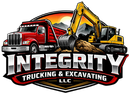 Logo for Integrity Trucking & Excavating LLC with red dump truck and yellow excavator