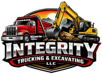 Logo for Integrity Trucking & Excavating LLC with red dump truck and yellow excavator