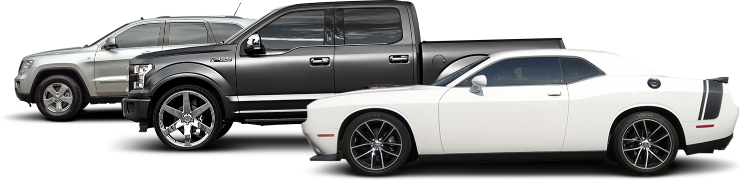 Three cars in profile: gray SUV, black pickup truck, and white station wagon with black rims | CB Warren's Auto Care