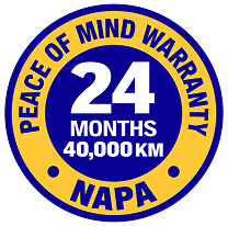 Blue and yellow NAPA warranty badge reading “24 months, 40,000 km” and “peace of mind warranty” | CB Warren's Auto Care