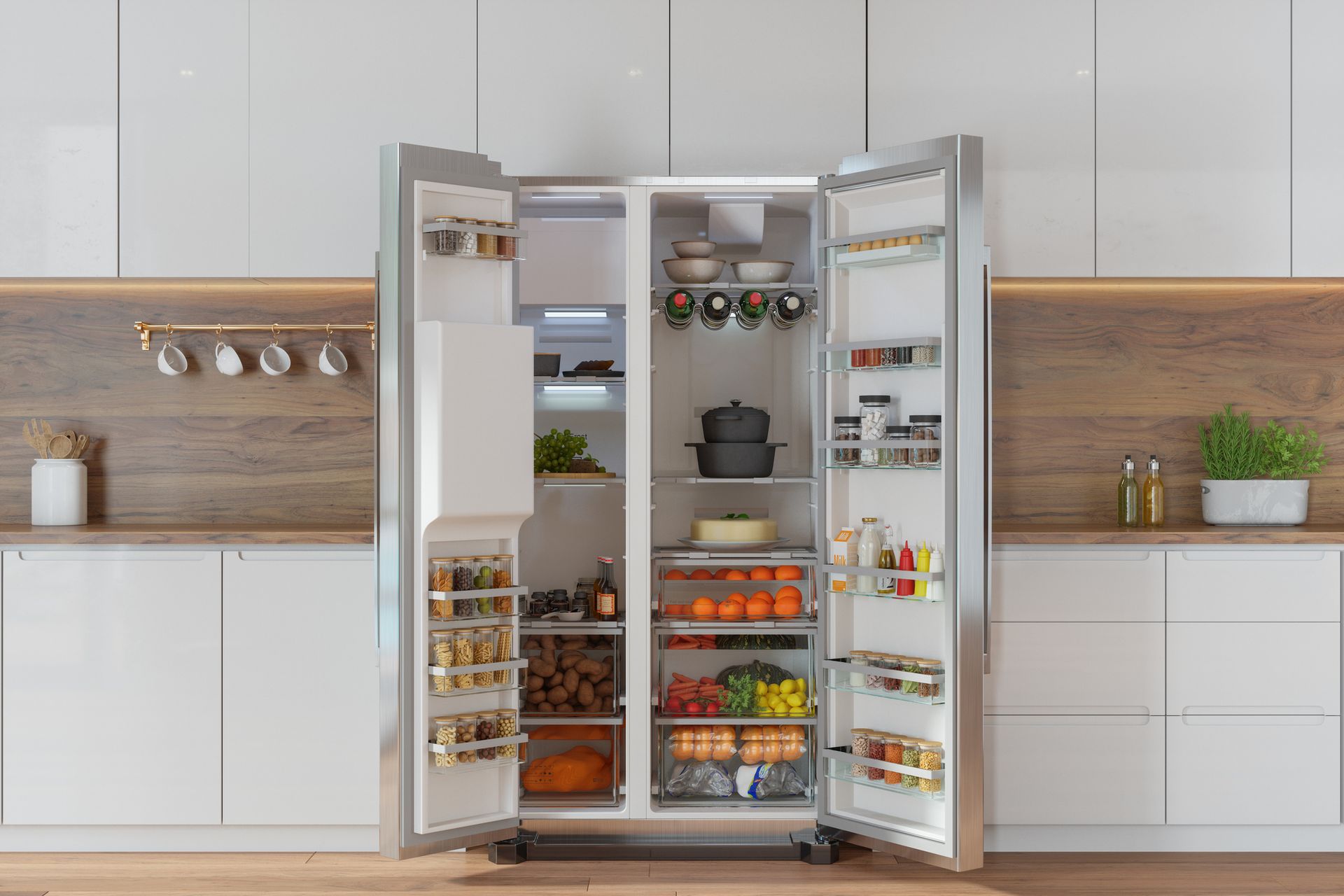 Side-by-side refrigerator with open doors displaying food items; kitchen setting with white cabinets and wooden countertop.
