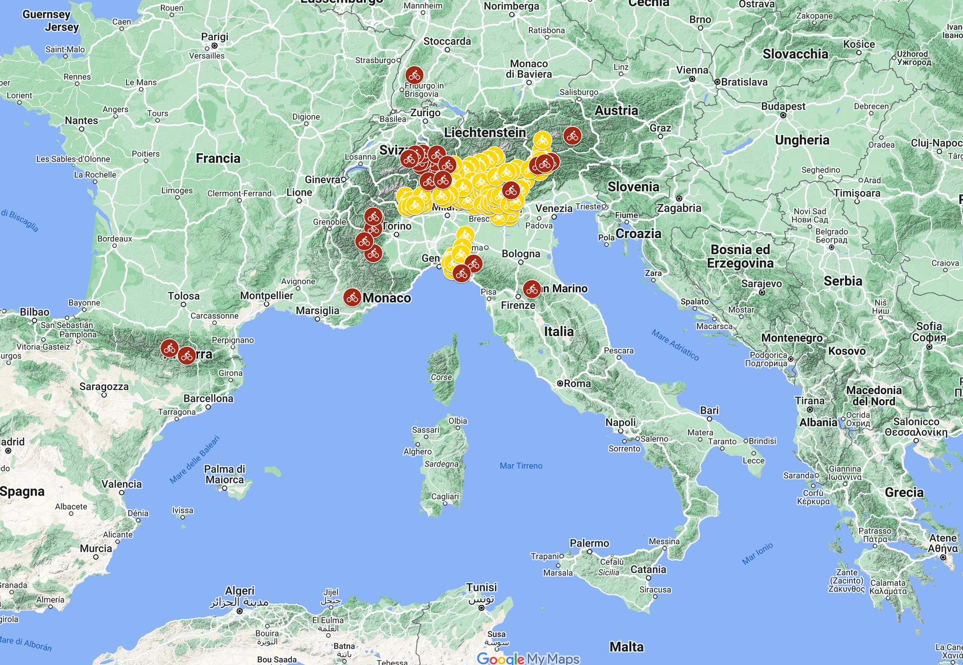 Mappa dell'Europa e dell'Italia, con indicatori rossi e ombreggiature gialle che evidenziano le regioni.