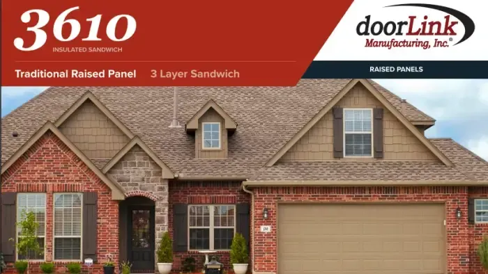 A brick house with a brown doorLink garage door. The header features the company logo and 