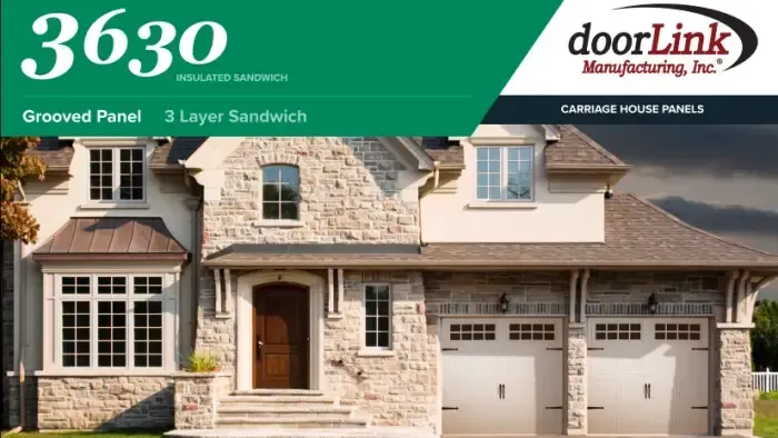 A DoorLink Manufacturing 3630 garage door advertisement featuring a stone home with two matching carriage-style garage doors.