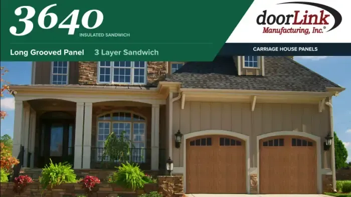 A promotional banner for DoorLink 3640 carriage house garage doors featuring an image of a house with two wooden doors.