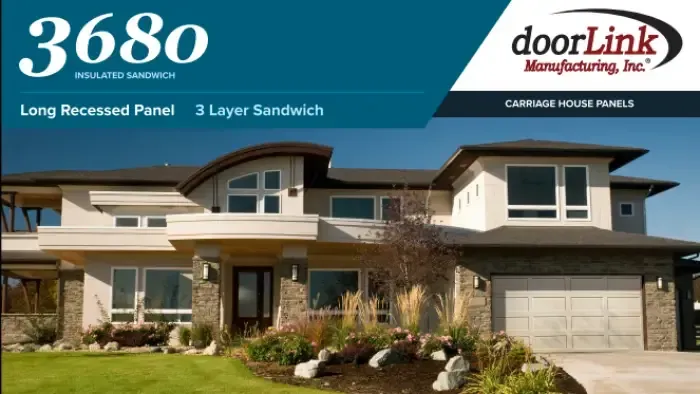 A modern, multi-story house with a beige exterior and stone accents, featuring a DoorLink garage door in the foreground.