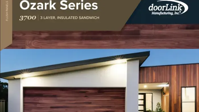 A DoorLink Ozark Series 3700 advertisement featuring a modern house with a wood-grain garage door and matching siding.