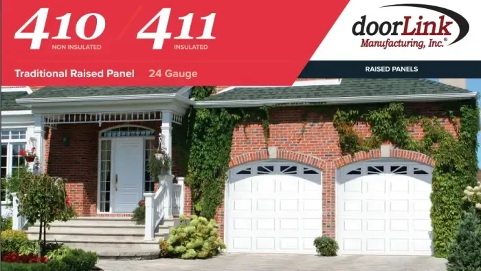 A red-and-white header with text for DoorLink models 410 and 411 over a house with white, arched-top garage doors.