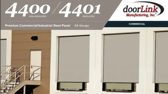 Product banner for doorLink 4400/4401 series commercial steel garage doors featuring a building with closed bay doors.