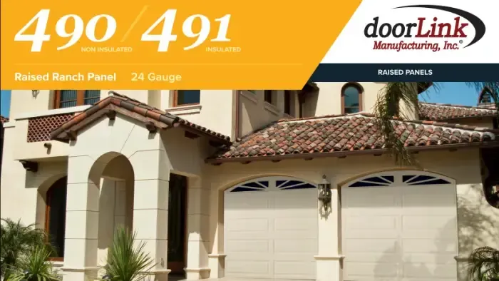 A promotional banner showing a house with two cream-colored raised-panel garage doors from doorLink Manufacturing.