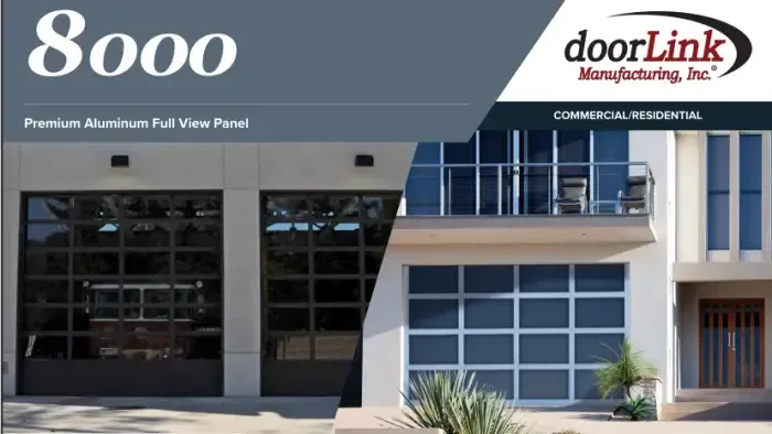 A DoorLink Manufacturing 8000 series brochure showing premium aluminum full-view garage doors on commercial and home sites.