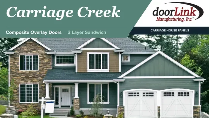 A promotional banner for Carriage Creek garage doors featuring a suburban house with a green exterior and white doors.