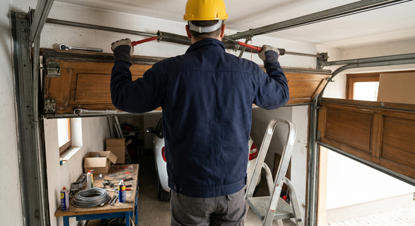 A person in a yellow hard hat and blue work jacket repairing a garage door spring mechanism.