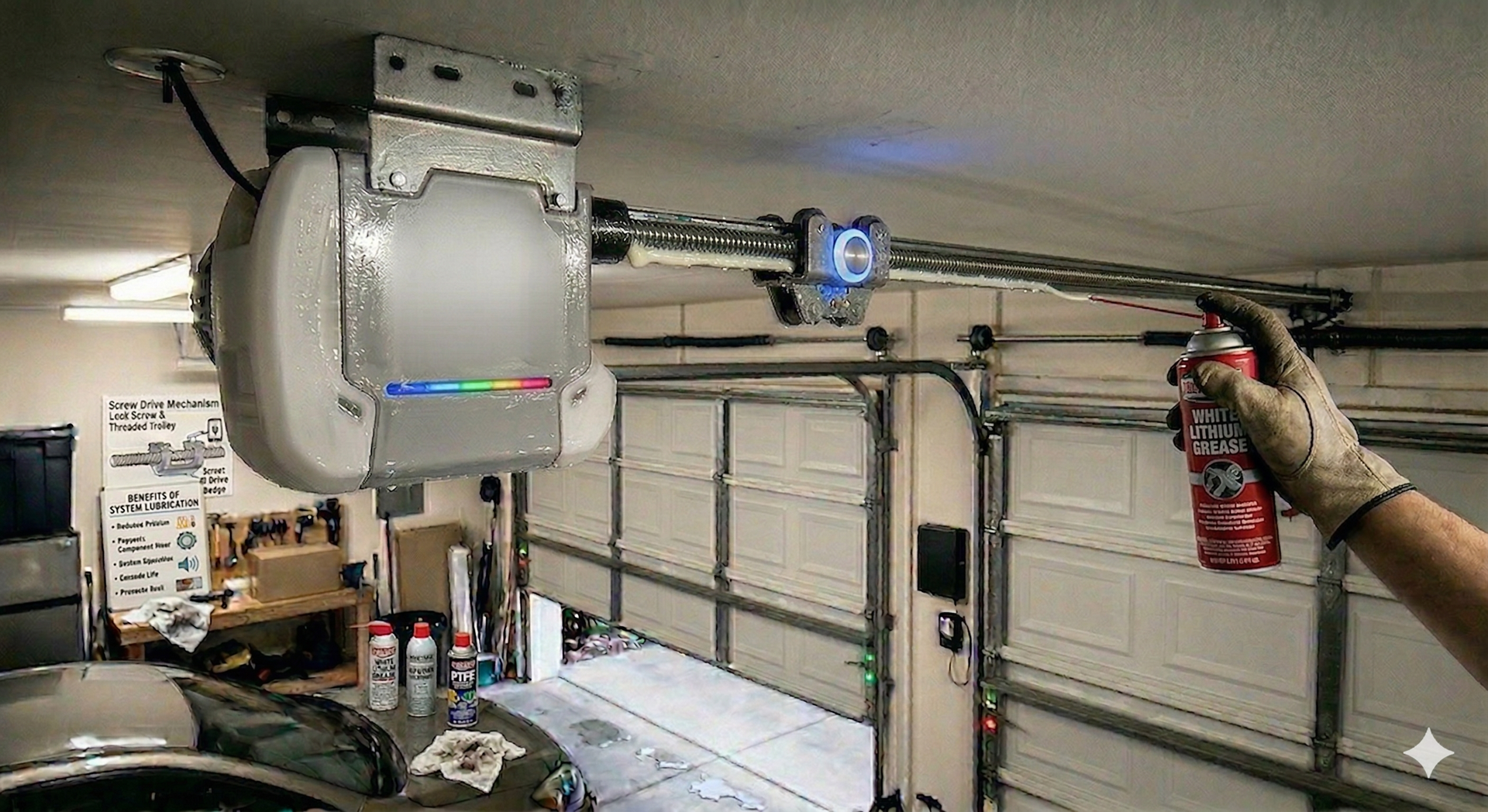 A person wearing a glove sprays lubricant onto a garage door opener rail.