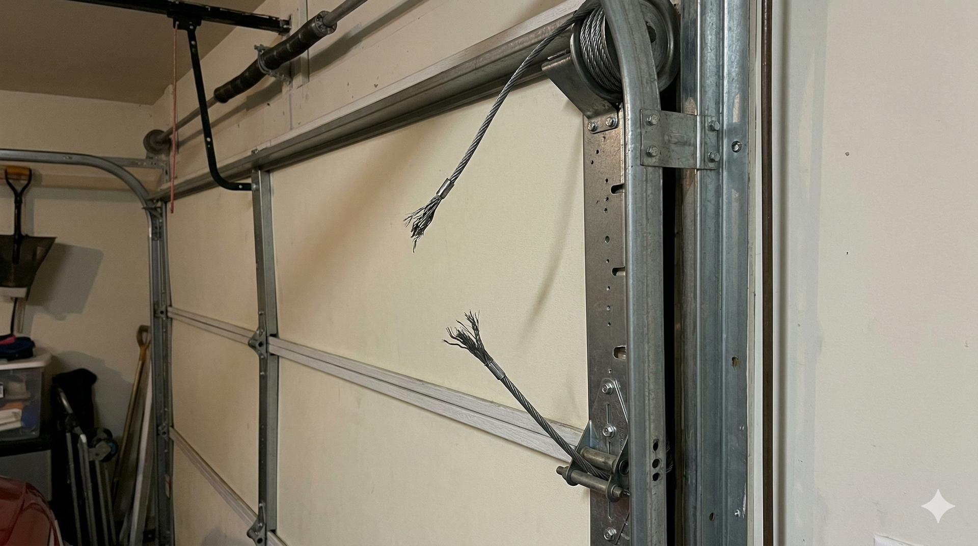 A garage door cable snapped in half, with the broken ends hanging from the pulley and the bottom bracket.