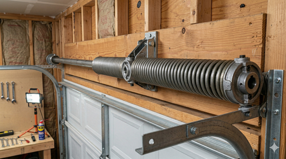 A metal torsion spring assembly mounted on a wooden header above a garage door, with tools visible on a workbench nearby.