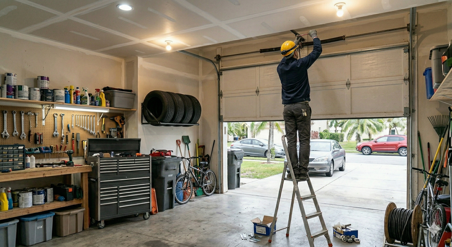 A person in a hard hat stands on a ladder, repairing the tracks of an open garage door in a cluttered, well-stocked garage.