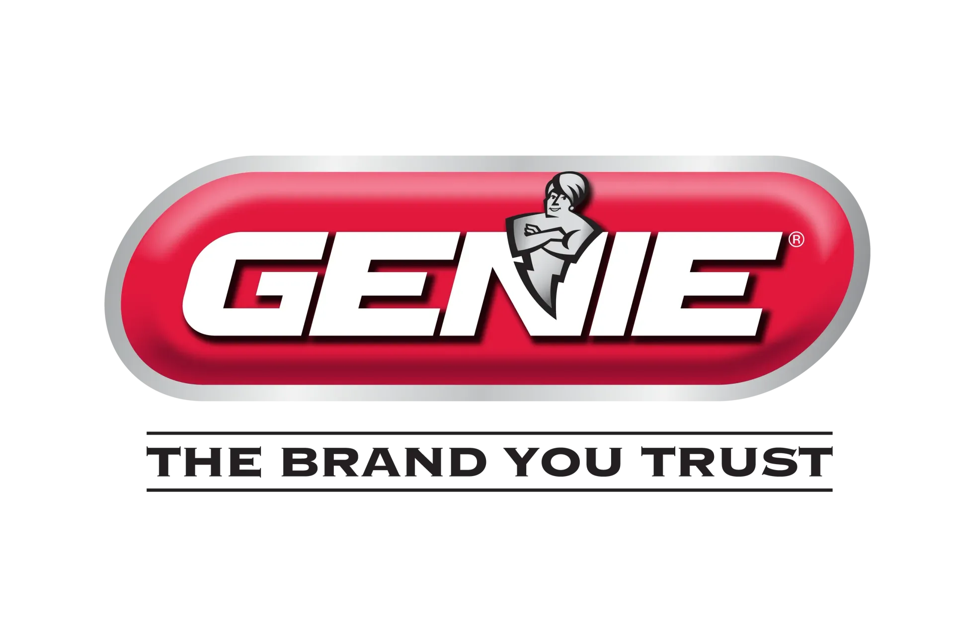 The Genie logo in white text on a red oval background, with the slogan 