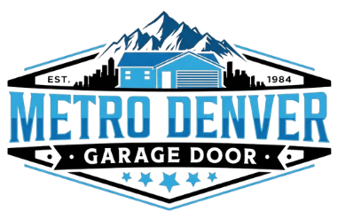 Logo for Metro Denver Garage Door with mountains, a house, and the text "EST. 1984" in blue, white, and black.