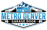 Logo for Metro Denver Garage Door with mountains, a house, and the text "EST. 1984" in blue, white, and black.