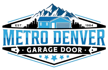 Logo for Metro Denver Garage Door with mountains, a house, and the text "EST. 1984" in blue, white, and black.